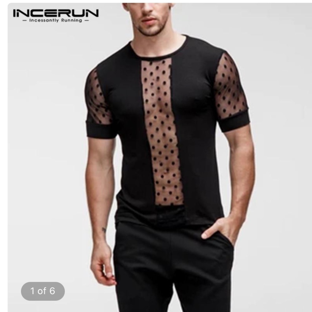 ☘️ INCERUN men’s sexy mesh polka dot tee